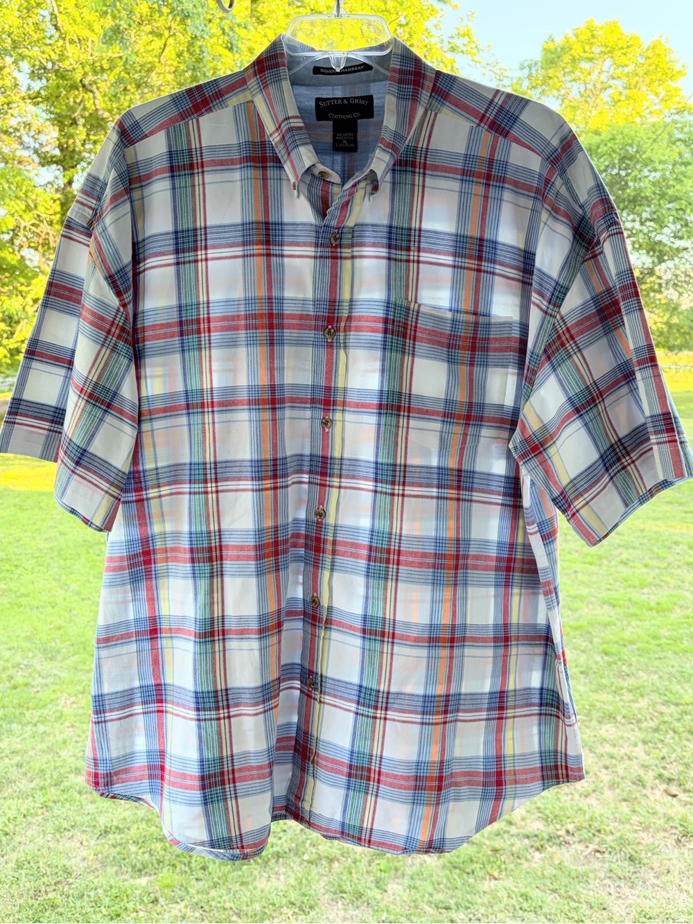 Sutter & Grant Indigo Chambray Plaid Button Up Shirt Short Sleeve XL Preppy EUC
